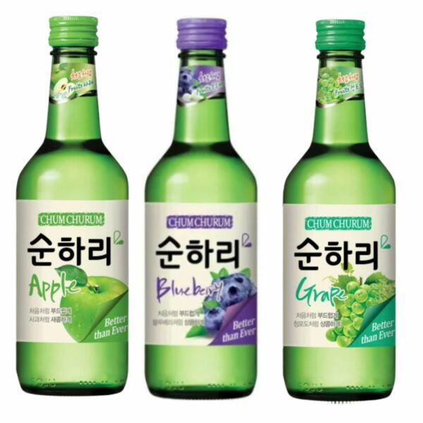 Kit com 3 Soju Bebida Coreana Blueberry, Uva e Maça 360ml